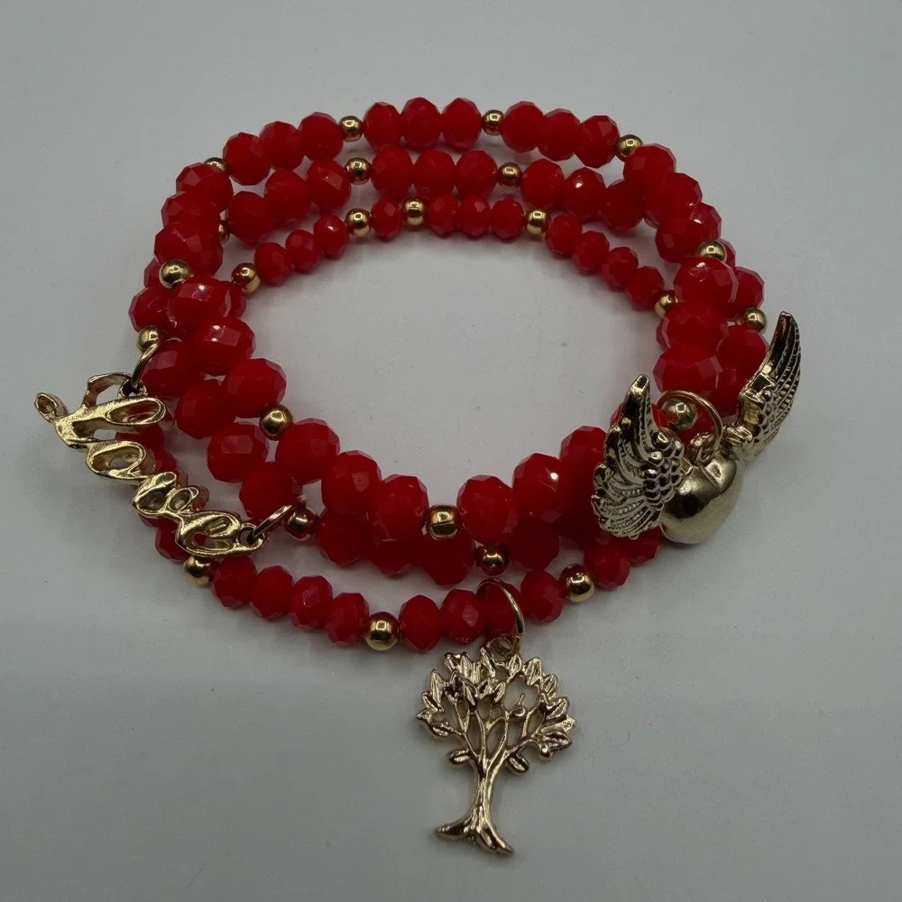 3 Pcs Red Faceted Bead Wrap Bracelet Gold Tone Winged Heart Love Tree Charm Gift